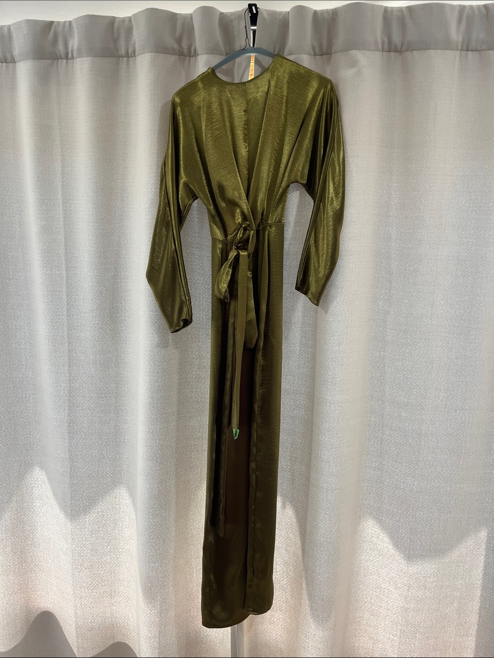 Olive Green Satin Long Robe with Waist Tie